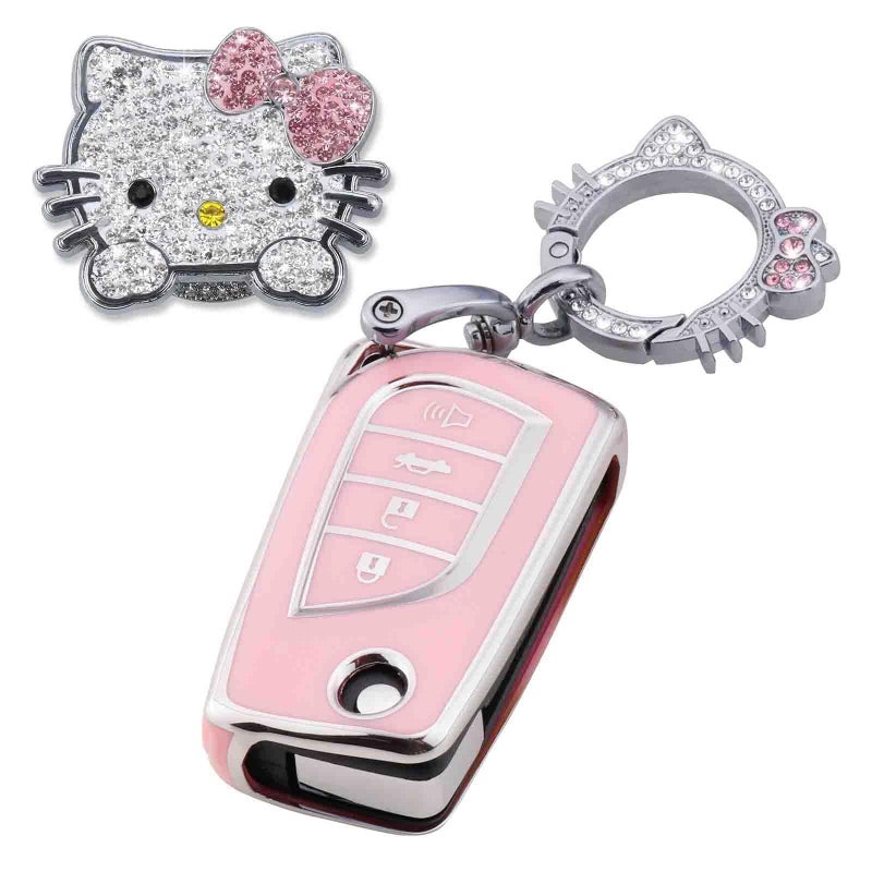 Pangpai Pink Car Accessories 3 Pcs for Toyota Fortuner Tundra Camry RAV4 Highlander Corolla Key Fob Cover with Bling Keychain Cute Push to Start Button Cover - Image 1